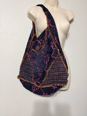 Steel Pony Reversible Fabric Boho Embroidered Sling Slouch Bag Navy Pink Accents